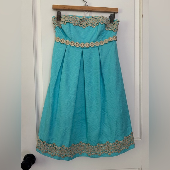 Lilly Pulitzer strapless Betsey turquoise jacquard dress size 0 - Picture 2 of 7